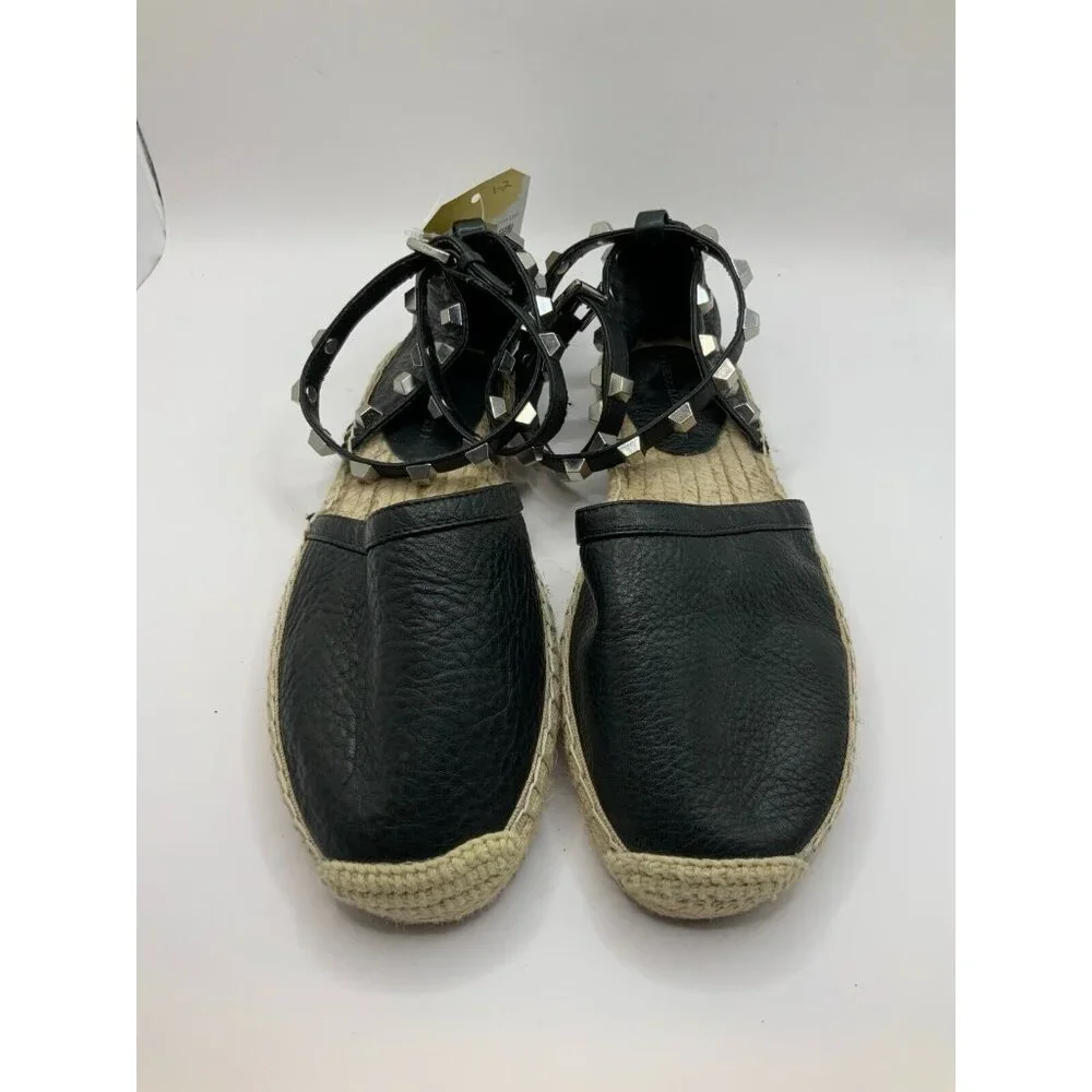 Rebecca Minkoff Black Leather Studded Strap Espadrilles Flats, Size 6